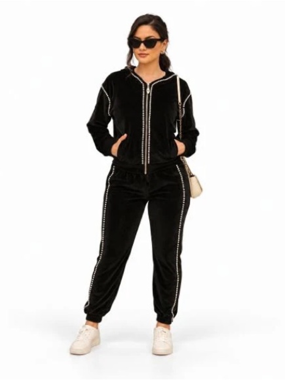 BRAND NEW WITH TAGS Black Ribbed Pearl Trim Velour Jogger Set with Hoodie